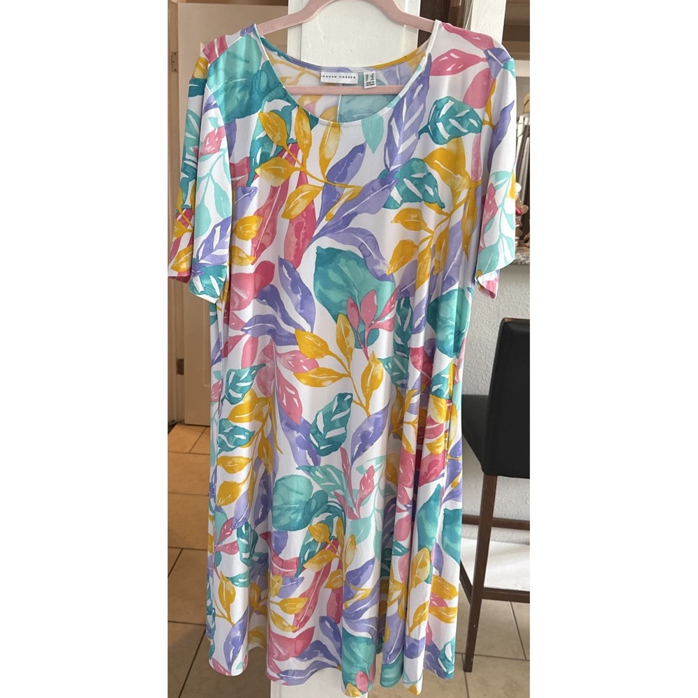 Susan Graver Womens Tropical Palm Leaf Pastels Fit Flare 1X